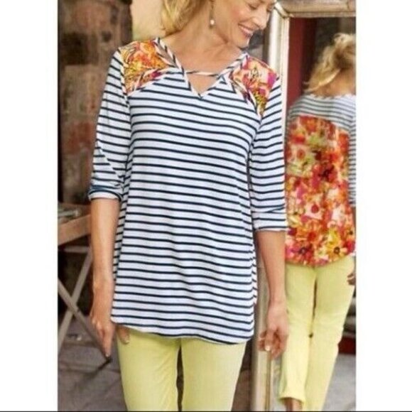 Soft Surroundings Women Striped Front Floral linen blend beachy Back Top Size XL - Picture 9 of 9